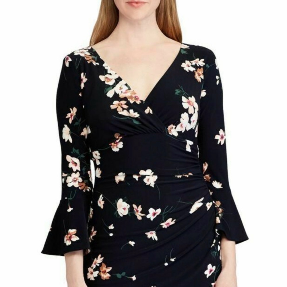Ralph Lauren Floral Stretch Dress with Bell Sleeves | Lighthouse Navy | Size 12